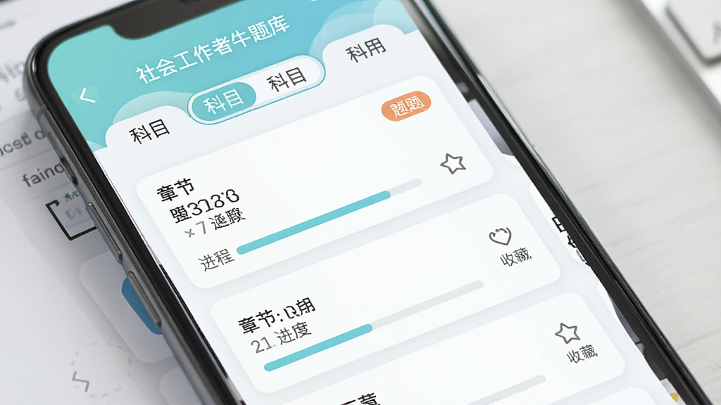 一张手机应用界面展示社会工作者牛题库的题库分类页面,主体为手机屏幕,布局上方为科目切换标签,中间为章节列表,排版整齐,风格为清新浅色卡片式设计,细节包含题目数量角标、进度条、收藏图标,画质高清干净无多余元素