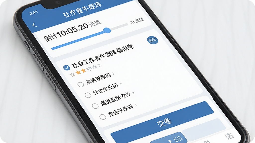 一张手机应用界面展示社会工作者牛题库的模拟考试页面,主体为手机屏幕,布局上方为倒计时和进度条,中间为单选题题干和选项,排版简洁,风格为商务办公风格,细节包含题号导航、标记按钮、交卷按钮,画质高清干净无多余元素