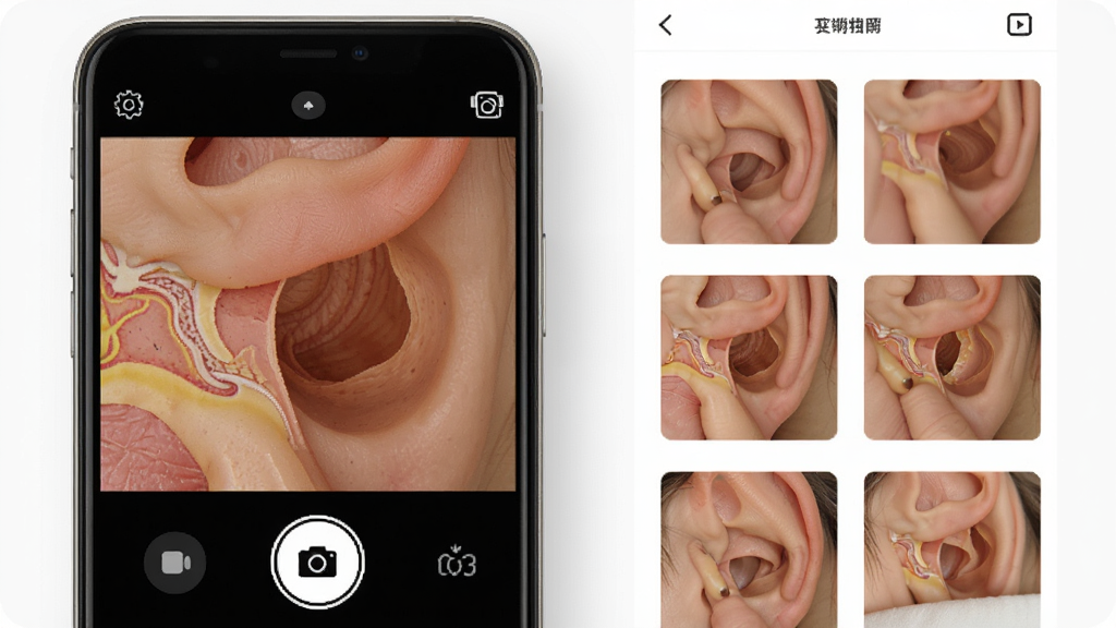素诺App高清拍照录像功能展示图,主体为手机屏幕显示耳道内部画面并带有拍照按钮图标,布局采用左右分栏,左侧为实时预览画面,右侧为已保存的照片缩略图列表,风格为简洁明快的App界面展示风,细节处体现拍照按钮与相册管理界面,画质清晰干净,无多余元素