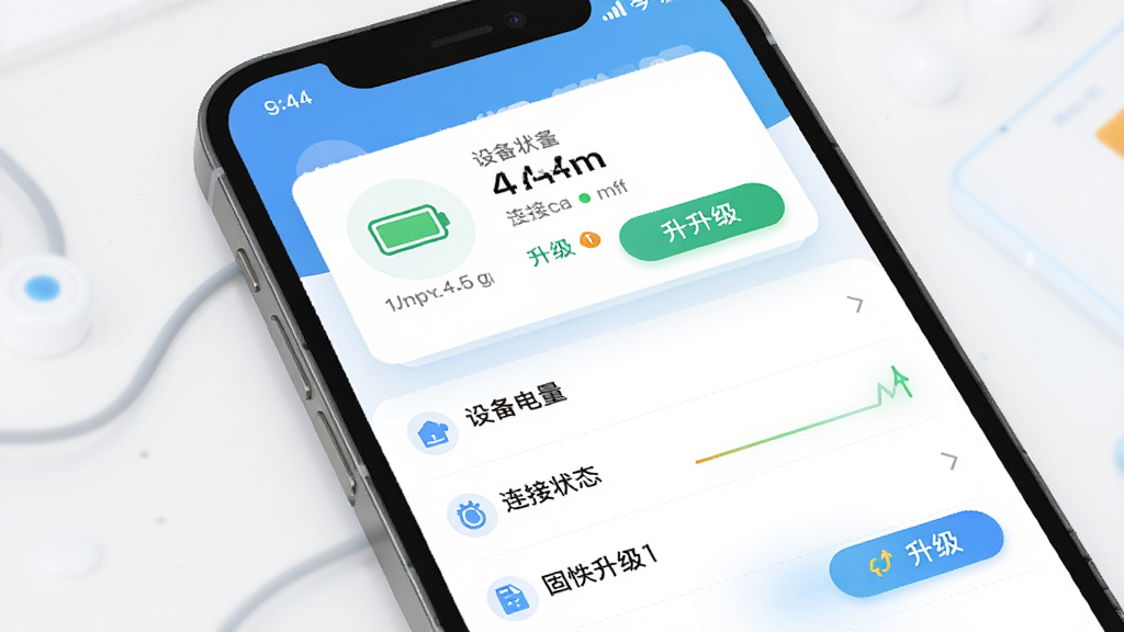 素诺App设备管理界面展示图,主体为手机屏幕显示设备电量、连接状态与固件升级按钮,布局采用上下结构,上方为设备状态卡片,下方为功能列表,风格为清新简约的App界面风,细节处体现电量图标与升级提示,画质清晰干净,无多余元素