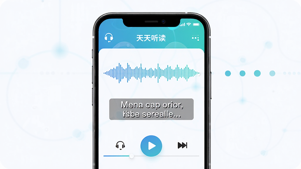 软件名称天天听读,主体是一部智能手机屏幕展示英语听力播放界面,布局为居中放置手机,屏幕内显示音频波形和字幕文本,排版简洁现代,风格为清新科技风,细节包括耳机图标、播放按钮、进度条,画质高清,干净,无多余元素