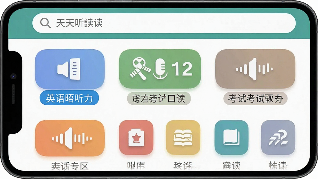天天听读软件界面截图,主体为手机屏幕展示分类导航页面,布局为顶部搜索栏加下方网格状分类图标,排版整齐有序,风格为扁平化设计,细节包括英语听力、口语跟读、考试专区等标签,画质清晰,干净,无多余元素