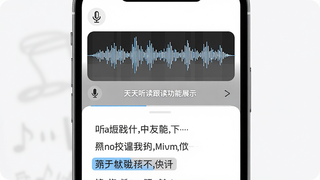 天天听读跟读功能展示图,主体为手机屏幕显示音频波形和同步字幕,布局为上方波形图下方逐句文本,排版清晰,风格为现代简约,细节包括麦克风图标和高亮当前句,画质高清,干净,无多余元素