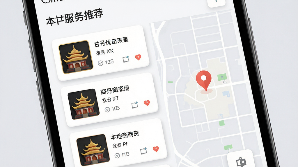 画面展示甘丹优品应用内的本地服务推荐页面。主体为手机屏幕特写,屏幕上显示附近商家列表和地图定位标记。布局采用左右分栏,左侧为商家卡片,右侧为简洁地图。风格为清新扁平化设计,细节上突出卡片阴影与图标质感,背景为柔和浅灰,画质清晰,画面干净整洁,无多余文字干扰。