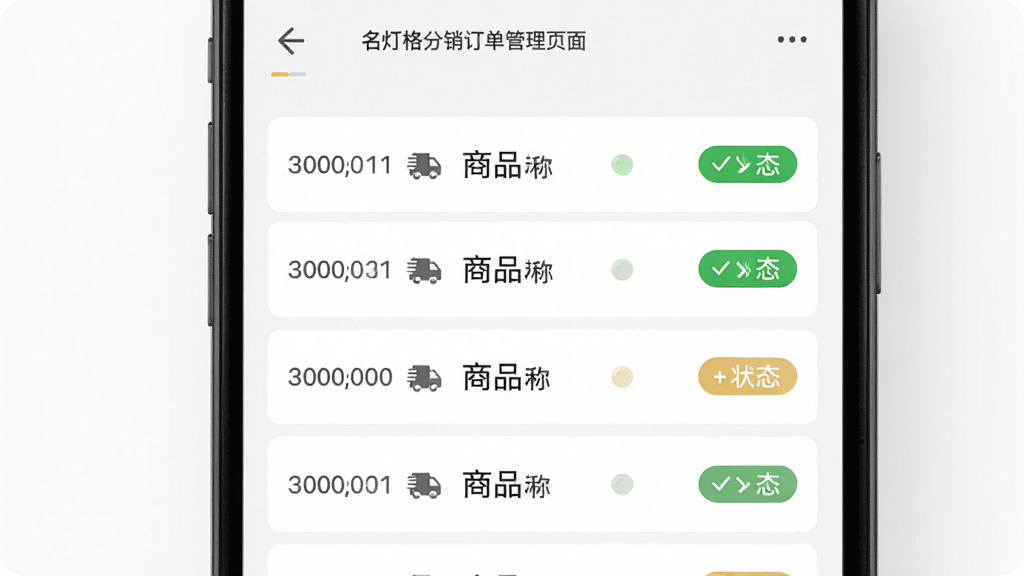 ���Ƹ������������ҳ�棬����Ϊ�ֻ���Ļ��ʾ�����б�������Ϊ�����б�����ÿ�а���������š���Ʒ���ơ�״̬��ǩ���Ű����������Ϊ��Լ����磬ϸ�ڰ�����ͬ��ɫ��״̬��ʶ��������Ϣͼ�꣬���ʸ��壬�ɾ��޶���Ԫ��