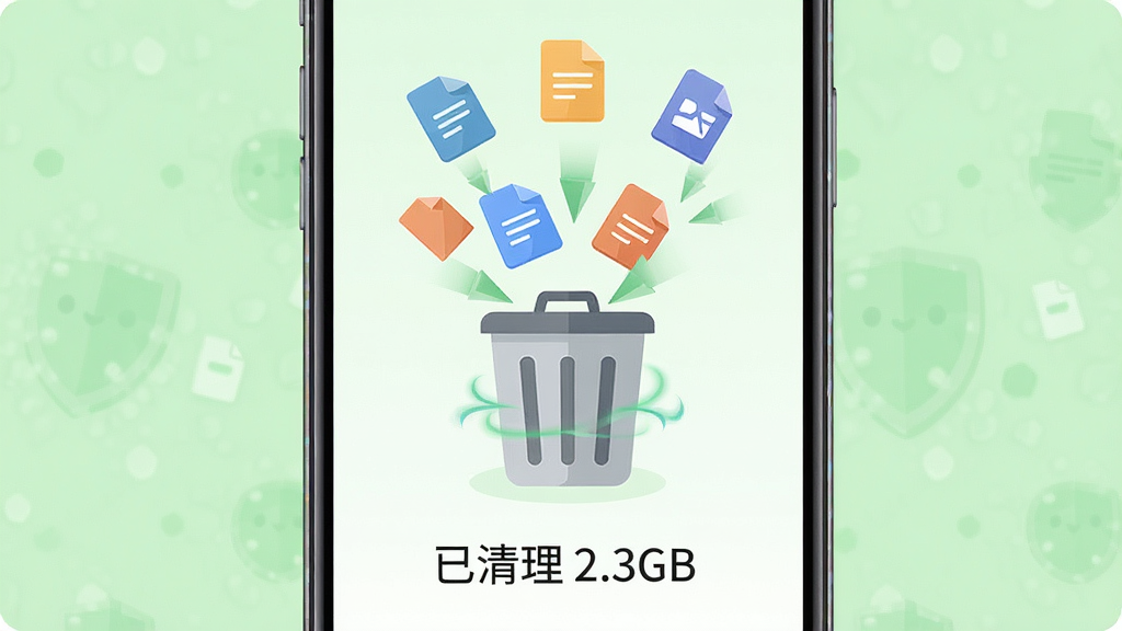 一部手机屏幕显示手机管家安全卫士的垃圾清理界面,中央有一个垃圾桶图标,周围散落各种文件图标被吸入桶中,下方显示“已清理 2.3GB”,背景为浅绿色清新风格,布局居中对称,风格为扁平化UI设计,细节包括垃圾桶、文件图标、清理动画,画质高清,画面干净,无多余元素