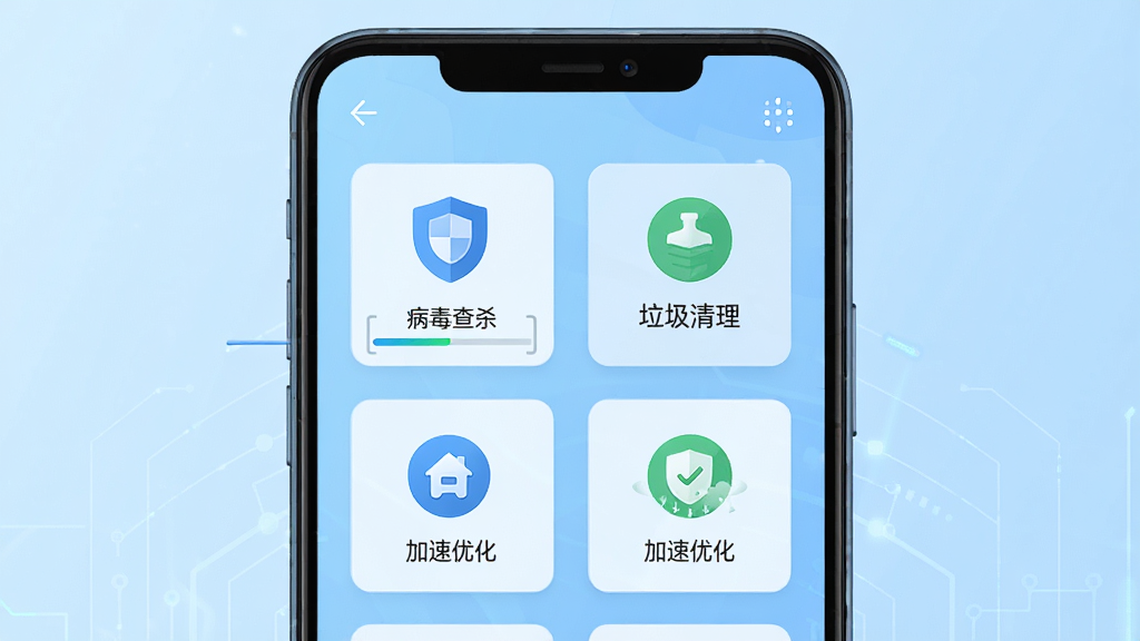 一部安卓手机屏幕居中显示,界面为手机管家安全卫士的主页,包含病毒查杀、垃圾清理、加速优化等图标按钮,背景为浅蓝渐变科技风格,布局简洁对称,画面干净明亮,风格为扁平化UI设计,细节包括盾牌图标、扫描进度条、清理动画,画质高清,画面干净,无多余元素