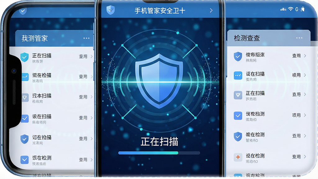 一部手机屏幕显示手机管家安全卫士的病毒查杀界面,中央有一个大盾牌图标,周围环绕扫描光线,下方显示“正在扫描”和进度条,背景为深蓝色科技感粒子效果,布局居中对称,风格为扁平化UI设计,细节包括盾牌、扫描波纹、检测列表,画质高清,画面干净,无多余元素