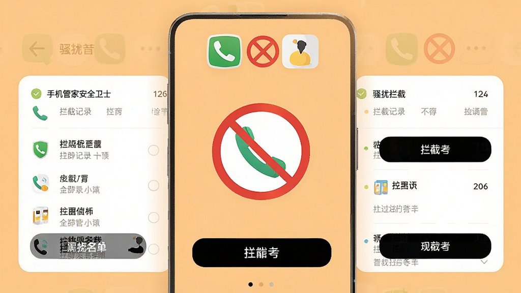 一部手机屏幕显示手机管家安全卫士的骚扰拦截界面,中央有一个电话图标带禁止符号,周围环绕拦截记录列表和黑白名单按钮,背景为浅橙色温暖风格,布局居中对称,风格为扁平化UI设计,细节包括电话、禁止符号、拦截列表,画质高清,画面干净,无多余元素