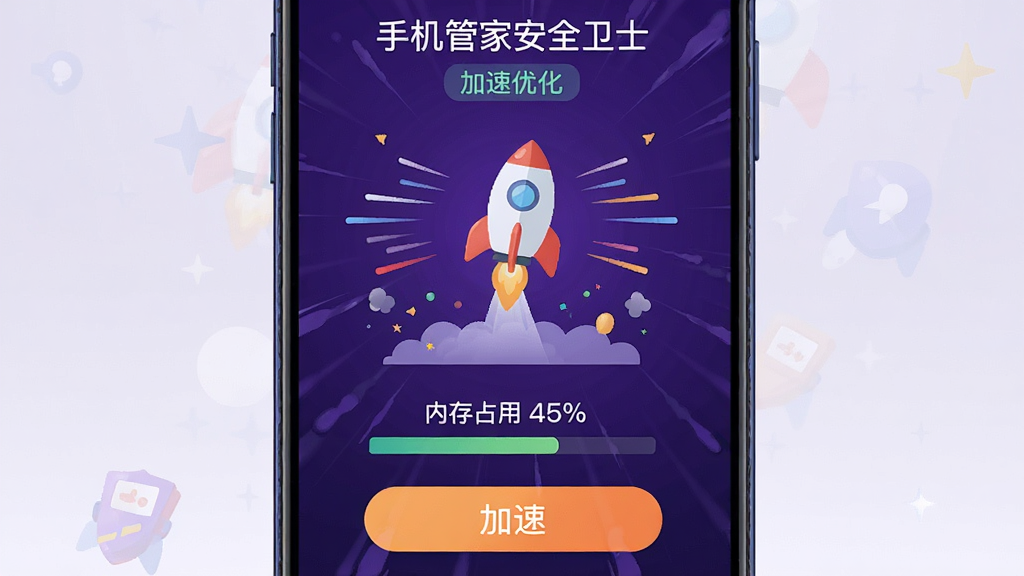 一部手机屏幕显示手机管家安全卫士的加速优化界面,中央有一个火箭图标正在升空,周围环绕速度线和粒子效果,下方显示“内存占用 45%”和“加速”按钮,背景为深紫色动感风格,布局居中对称,风格为扁平化UI设计,细节包括火箭、速度线、内存条,画质高清,画面干净,无多余元素