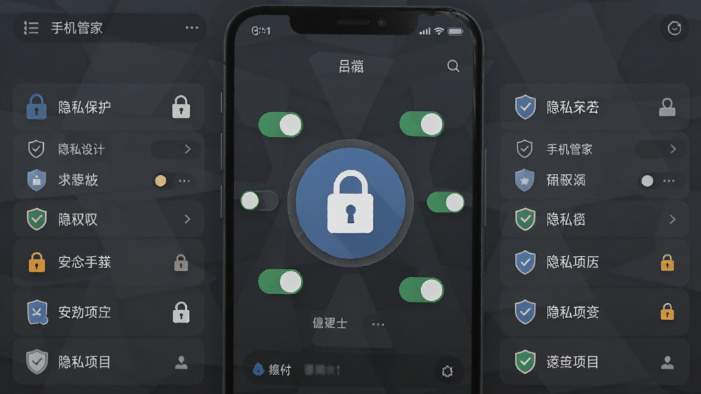 一部手机屏幕显示手机管家安全卫士的隐私保护界面,中央有一个锁形图标,周围环绕权限开关和隐私项目列表,背景为深灰色商务风格,布局居中对称,风格为扁平化UI设计,细节包括锁、权限图标、安全标识,画质高清,画面干净,无多余元素