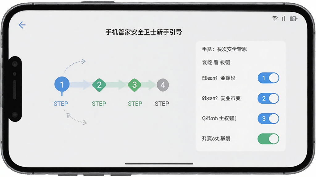 一部手机屏幕显示手机管家安全卫士的新手引导界面,中央有步骤指示图和权限开关列表,背景为浅灰色简洁风格,布局清晰分步,风格为扁平化UI设计,细节包括步骤数字、开关按钮、提示文字,画质高清,画面干净,无多余元素