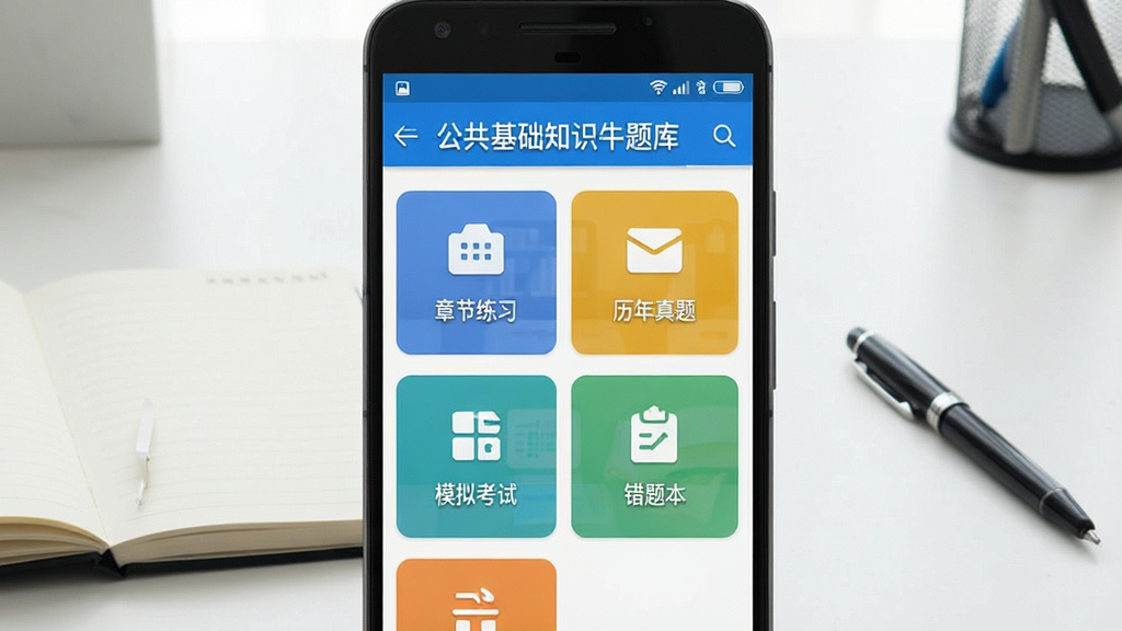 一张展示公共基础知识牛题库软件主界面的图片,画面中央放置一部安卓手机,手机屏幕上显示题库首页,包含章节练习、历年真题、模拟考试、错题本等模块入口,背景为整洁的书桌场景,桌面上有笔记本和笔,整体布局居中对称,风格清新简约,细节上突出手机屏幕内的文字与图标,画质清晰,干净,无多余元素