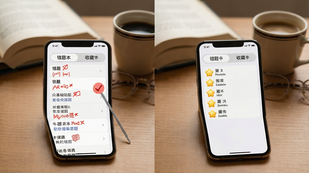 一张展示公共基础知识牛题库错题本与收藏功能的图片,画面中一部手机放置在木质桌面上,屏幕显示错题列表和收藏夹两个标签页,错题旁有红色标记,收藏夹有星标图标,背景有书籍和咖啡杯点缀,布局采用左右对比展示,风格温馨学习氛围,细节上突出错题和收藏的标识,画质清晰,干净,无多余元素