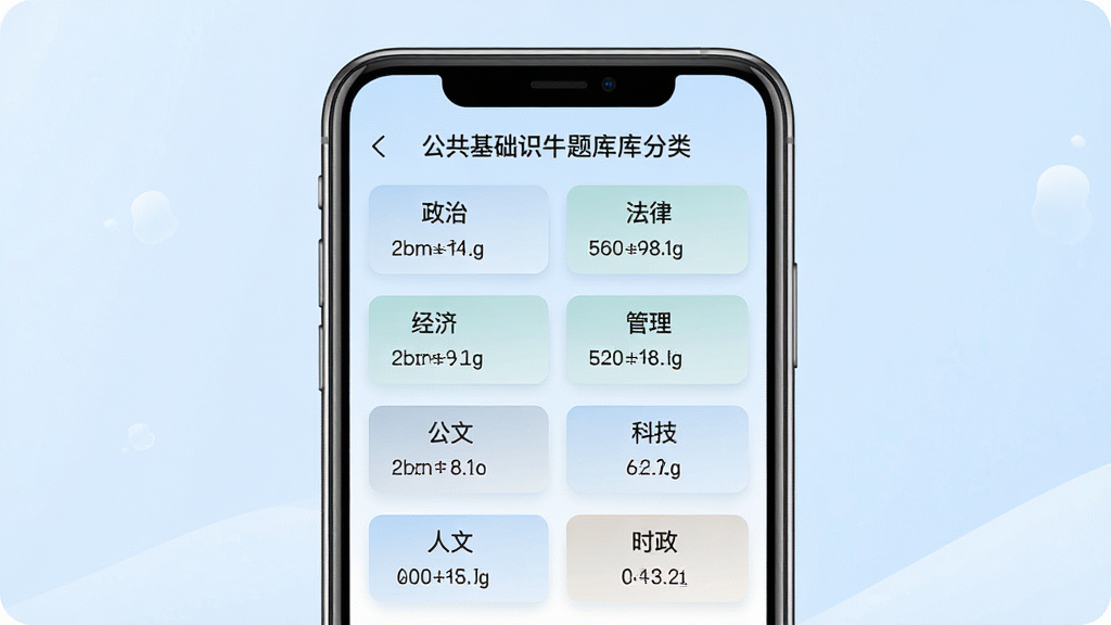 一张展示公共基础知识牛题库题库分类界面的图片,画面以手机屏幕为主体,屏幕上清晰展示政治、法律、经济、管理、公文、科技、人文、时政等分类标签,每个标签下方有题目数量显示,背景为柔和的浅蓝色渐变,布局采用上下结构,手机居中放置,风格现代简约,细节上体现分类的层次感,画质高清,干净,无多余元素