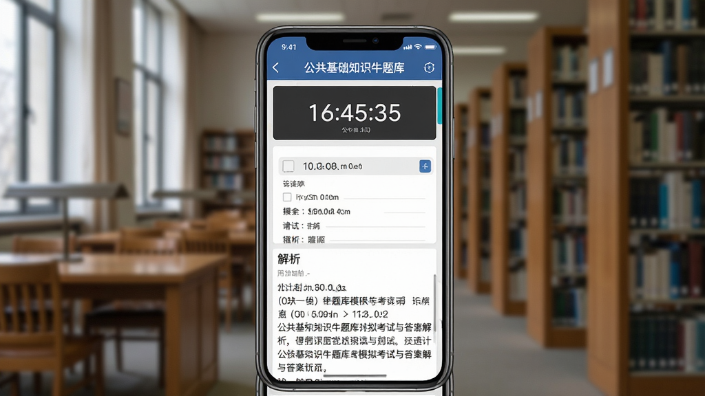 一张展示公共基础知识牛题库模拟考试与答案解析界面的图片,手机屏幕显示考试计时器和答题卡,下方有解析区域,解析文字清晰可见,背景为安静的图书馆场景,布局采用上下结构,手机居中,风格专注严谨,细节上体现考试倒计时和详细解析,画质高清,干净,无多余元素