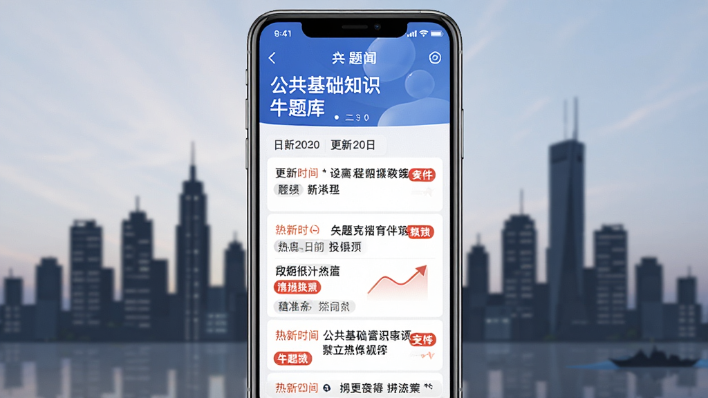 一张展示公共基础知识牛题库时政热点更新界面的图片,画面中手机屏幕显示时政新闻列表和更新日期,背景为城市天际线剪影,布局采用上下结构,手机居中,风格现代资讯感,细节上突出更新时间和热点标签,画质清晰,干净,无多余元素