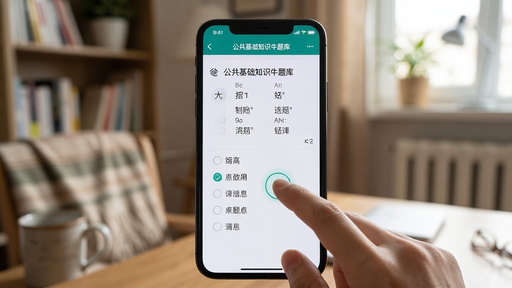 一张展示公共基础知识牛题库在手机上流畅运行刷题界面的图片,画面中手机屏幕显示一道选择题和四个选项,用户手指正在点击选项,背景为舒适的居家学习角落,布局采用手机特写居中,风格真实使用场景,细节上体现手指点击动作和题目文字,画质清晰,干净,无多余元素