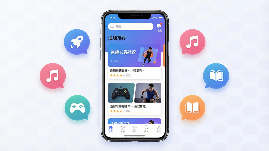 һ��չʾ׷ȤAPP���Ľ�����ֻ�����ͼ������������һ�����������ֻ�����Ļ����ʾ׷Ȥ��Ȥ������ҳ������������������Ϣͼ�꣬�в��ǿ�Ƭʽ�����Ƽ������ײ�Ϊ���������ǩ���ֻ���ΧƯ���Ŵ����˶������֡���Ϸ���Ķ�����Ȥͼ�����ݡ����岼�־��жԳƣ���������ִ�����ɫ�����Ͻ������ɫΪ����ϸ�ڸɾ����䣬���ʸ��壬�޶���Ԫ�ء�