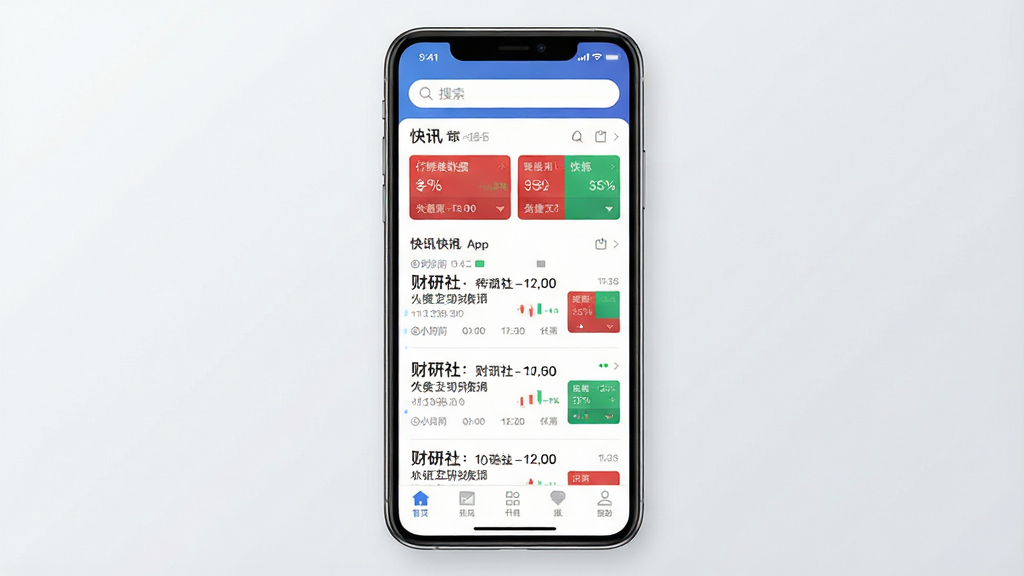 一张展示财研社App核心界面的手机预览图,画面主体是一部竖屏智能手机,屏幕内呈现财经资讯信息流与行情数据卡片,布局清晰包含顶部搜索栏、中部快讯列表与底部导航栏,排版简洁现代,风格为扁平化科技感,细节包括红绿涨跌色块、时间戳与分类标签,画质高清干净无多余元素,背景为浅灰渐变。