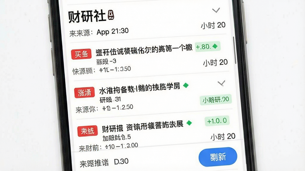 一张财研社App财经快讯功能展示图,画面主体为手机屏幕中滚动显示多条财经新闻标题与时间戳,布局采用垂直列表排版,风格为简约资讯流,细节包含红色与绿色标签区分涨跌、来源标识与刷新按钮,画质清晰干净,背景为白色。