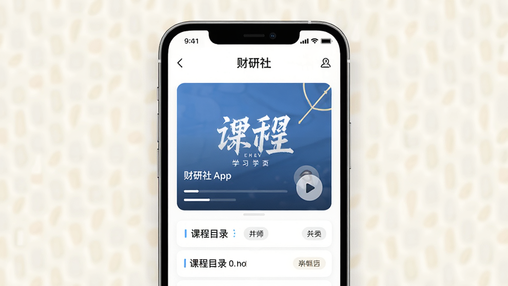 一张财研社App课程学习页面展示图,画面主体为手机屏幕显示课程封面、讲师头像与课程目录列表,布局采用卡片式排版,风格为在线教育类界面,细节包含进度条、播放按钮与分类标签,画质高清干净,背景为浅色。