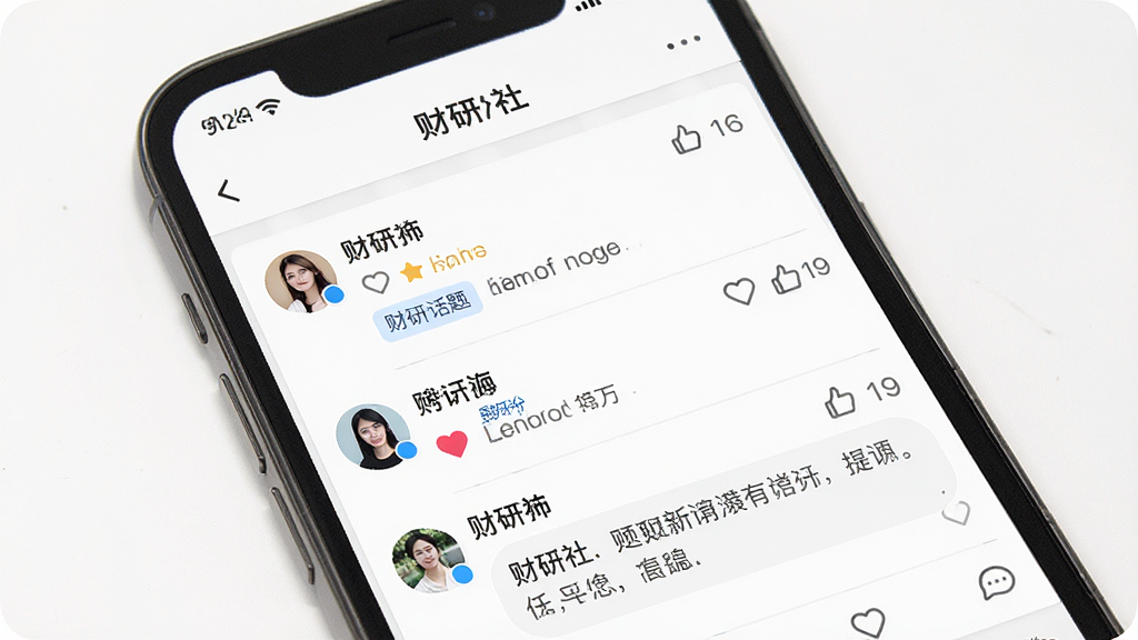 一张财研社App社区互动页面展示图,画面主体为手机屏幕中显示用户发帖列表与评论区,布局采用社交信息流排版,风格为现代社区类界面,细节包含头像、昵称、点赞图标与话题标签,画质清晰干净,背景为白色。