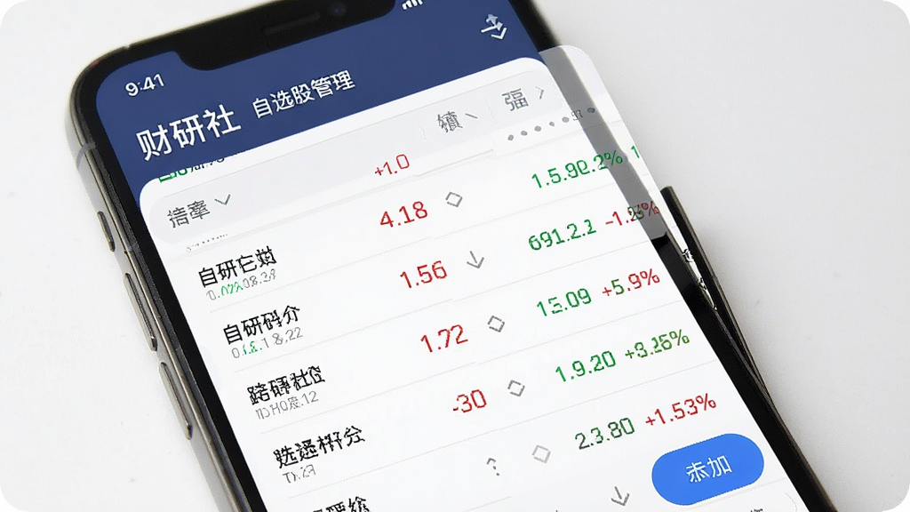 一张财研社App自选股管理页面展示图,画面主体为手机屏幕显示自选股票列表与涨跌幅数据,布局采用表格化排版,风格为金融数据类界面,细节包含红色绿色数字、排序箭头与添加按钮,画质高清干净,背景为深色或浅色可选。