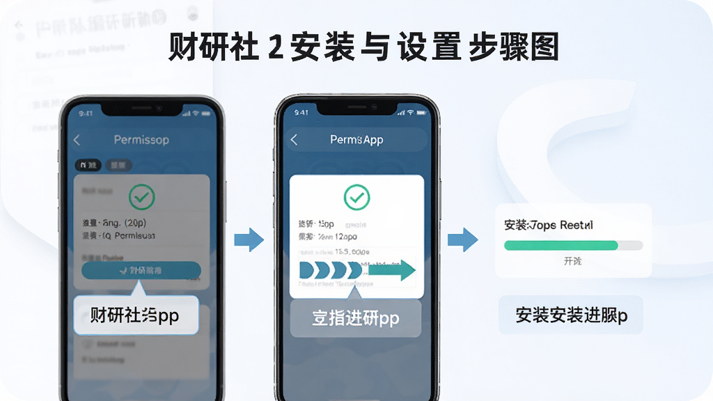 一张展示财研社App安装与设置步骤的示意图,画面主体为手机屏幕显示权限设置界面与安装进度条,布局采用分步图示排版,风格为操作指引类,细节包含勾选图标、箭头指示与文字说明框,画质高清干净,背景为浅色。