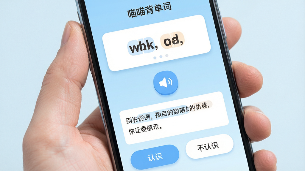 手机屏幕中央显示“喵喵背单词”应用界面,界面布局简洁,上方为单词卡片展示区,中间有发音按钮和例句区域,下方为认识与不认识操作按钮,背景为淡蓝色渐变,整体风格清新明快,细节包括圆角图标、柔和阴影、清晰文字排版,画质清晰,干净无多余元素