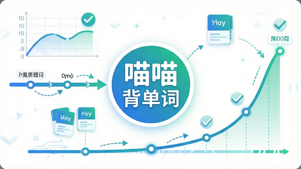 一张信息图风格的示意图,画面中央是“喵喵背单词”的圆形Logo,周围环绕着时间轴与记忆曲线图形,时间轴上标注不同复习节点,节点之间用箭头连接,背景为白色,配色以蓝绿为主,风格简洁科技感,细节包括曲线图表、单词卡片小图标、对勾标记,画质清晰,干净无多余元素