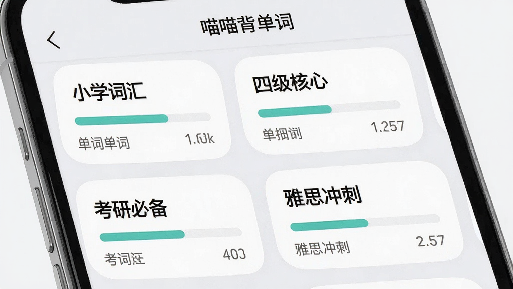 手机界面展示“喵喵背单词”词库选择页面,页面上排列着多个词库卡片,卡片上分别标注“小学词汇”“四级核心”“考研必备”“雅思冲刺”等字样,卡片采用圆角设计,背景为浅灰色,每个卡片带有进度条和单词数量标识,整体风格整洁有序,画质清晰,干净无多余元素
