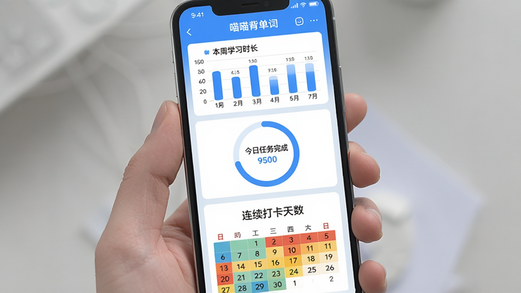 手机界面展示“喵喵背单词”学习统计页面,页面上方是本周学习时长柱状图,中间是环形进度图显示今日任务完成比例,下方是连续打卡天数数字与日历热力图,整体配色为蓝白相间,图表清晰,风格现代,画质清晰,干净无多余元素