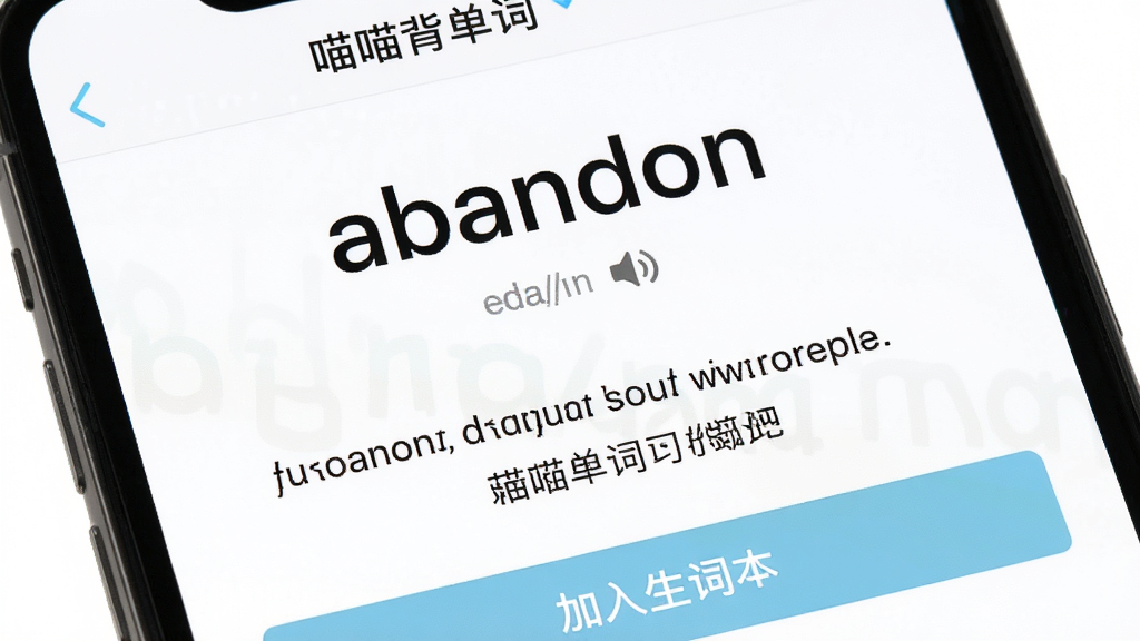 手机屏幕显示“喵喵背单词”单词详情页,页面中央是大号英文单词“abandon”,下方有音标和喇叭图标,再下方是英文例句和中文翻译,页面底部有“加入生词本”按钮,背景为白色,文字排版清晰,配色柔和,画质清晰,干净无多余元素