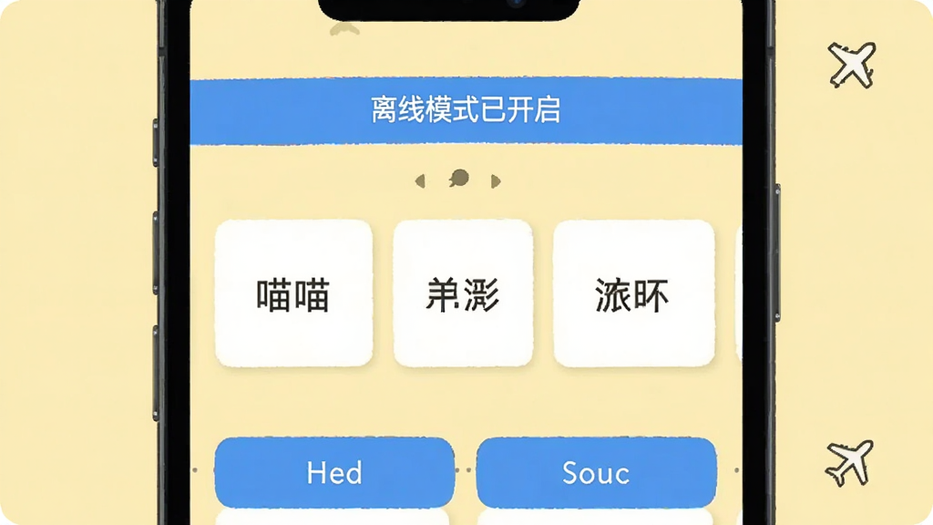 手机屏幕显示“喵喵背单词”离线模式界面,页面顶部有“离线模式已开启”提示条,中间是单词卡片,底部按钮正常显示,背景为淡黄色,画面中还有一个小飞机图标表示飞行模式,整体风格简洁,画质清晰,干净无多余元素