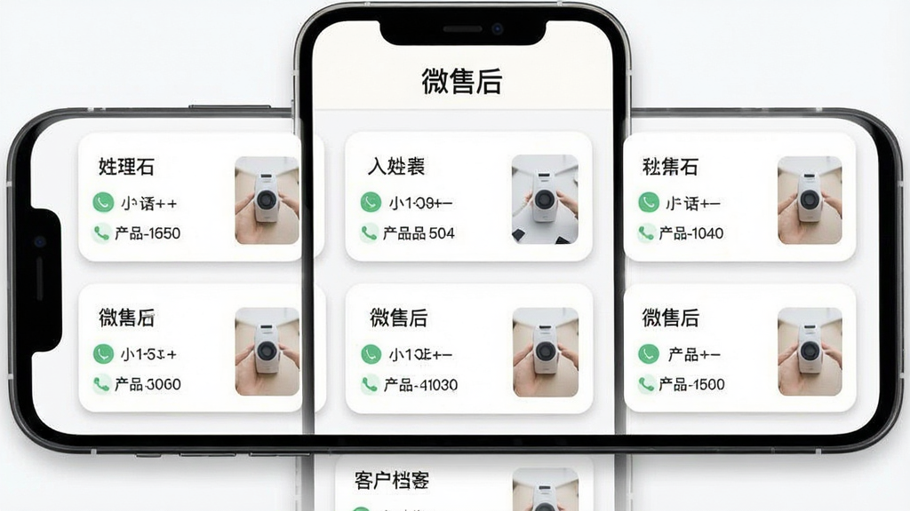 一张展示微售后客户信息管理界面的AI生成图,画面主体是手机屏幕,屏幕内显示客户档案卡片列表,每张卡片上有姓名、电话图标和产品小图,屏幕顶部有“微售后”文字标识,布局为上下结构,风格为扁平化设计,细节包括卡片阴影和圆角,画质高清,干净,无多余元素