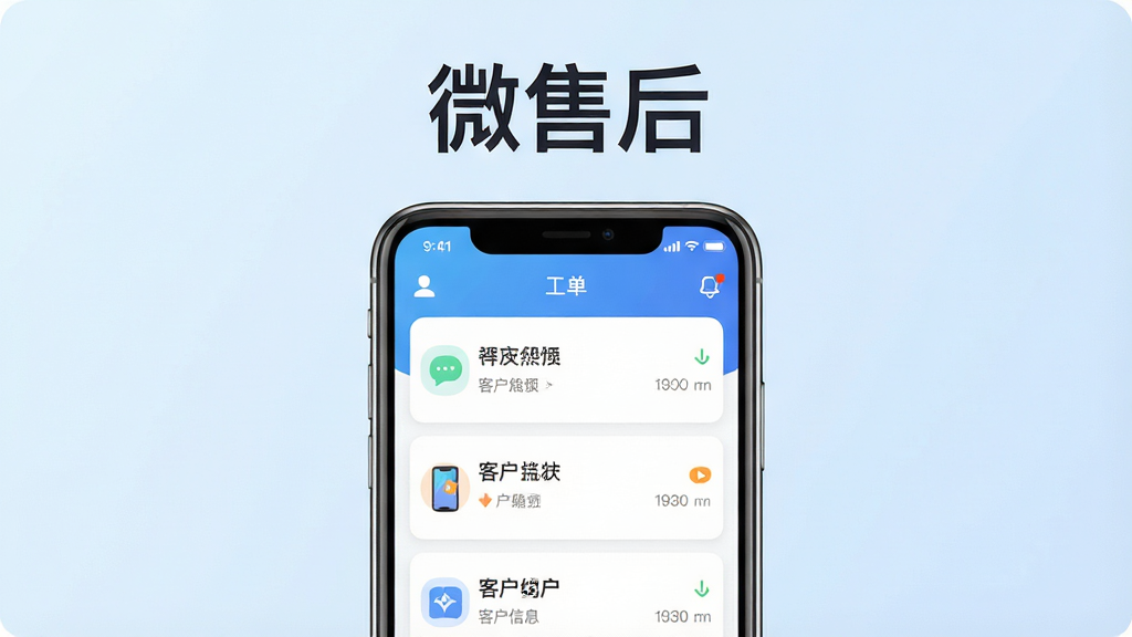 一张展示微售后手机应用主界面的预览图,画面中央是手机屏幕,屏幕内显示工单列表和客户信息卡片,屏幕上方有“微售后”三个大字的标志,背景为干净的浅蓝色渐变,布局居中对称,风格简洁现代,细节包括图标圆角、文字清晰,画质高清,干净,无多余元素