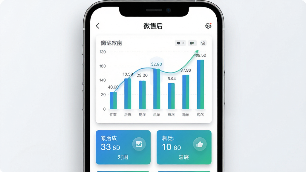 一张展示微售后数据统计看板界面的AI生成图,画面主体是手机屏幕,屏幕内显示柱状图和数字卡片,图表颜色为蓝绿搭配,屏幕上方有“微售后”小字,布局为上下排列,风格为清爽商务,细节包括图表阴影和数据标签,画质高清,干净,无多余元素