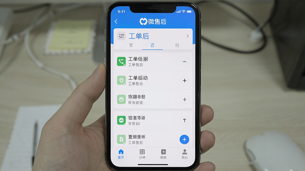 一张展示微售后在手机上安装完成后打开运行的界面截图风格图,画面主体是手机屏幕,屏幕内显示工单列表和底部导航栏,屏幕上方有“微售后”标志,布局为居中展示,风格为真实应用截图感,细节包括状态栏图标和清晰的文字,画质高清,干净,无多余元素