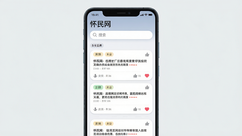 怀民网手机应用主界面预览图,主体为一部竖屏安卓手机,屏幕上展示资讯信息流卡片列表,顶部有怀民网文字标识和搜索栏,布局简洁清晰,排版为居中展示手机正面,风格为现代扁平化UI设计,细节包含卡片圆角、分类标签、点赞图标,画质高清,干净,无多余元素