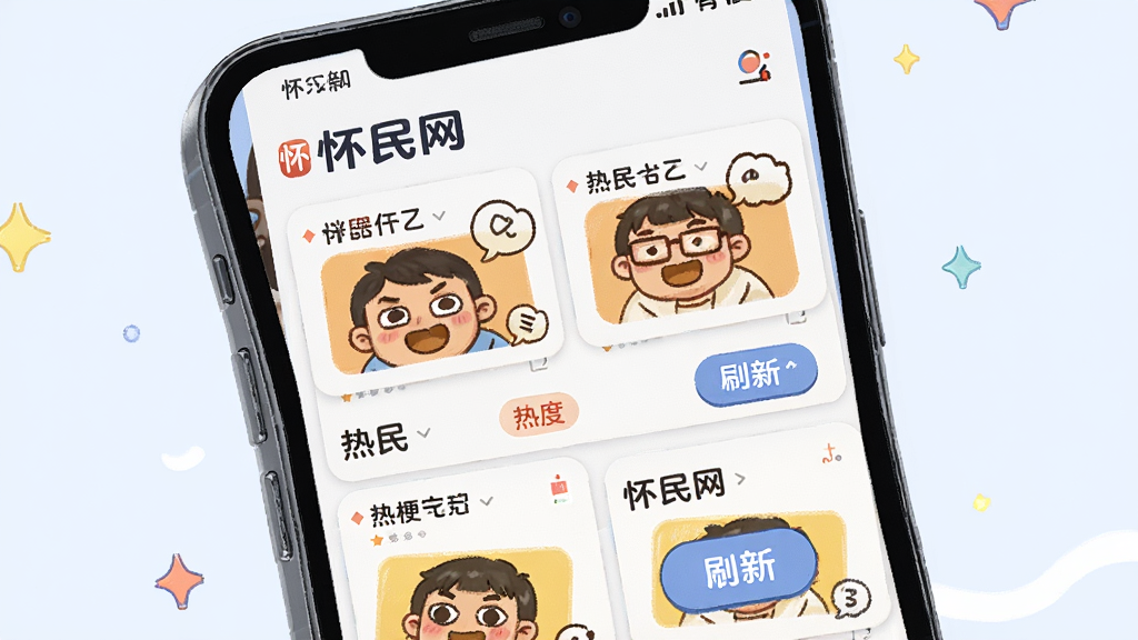 怀民网热梗聚合功能展示图,主体为手机屏幕内呈现多个热梗词条卡片,包含怀民网名称标识,布局为网格状排列,排版整齐,风格为明亮活泼的插画风,细节有表情包缩略图、热度标签、刷新按钮,画质高清,干净,无多余元素