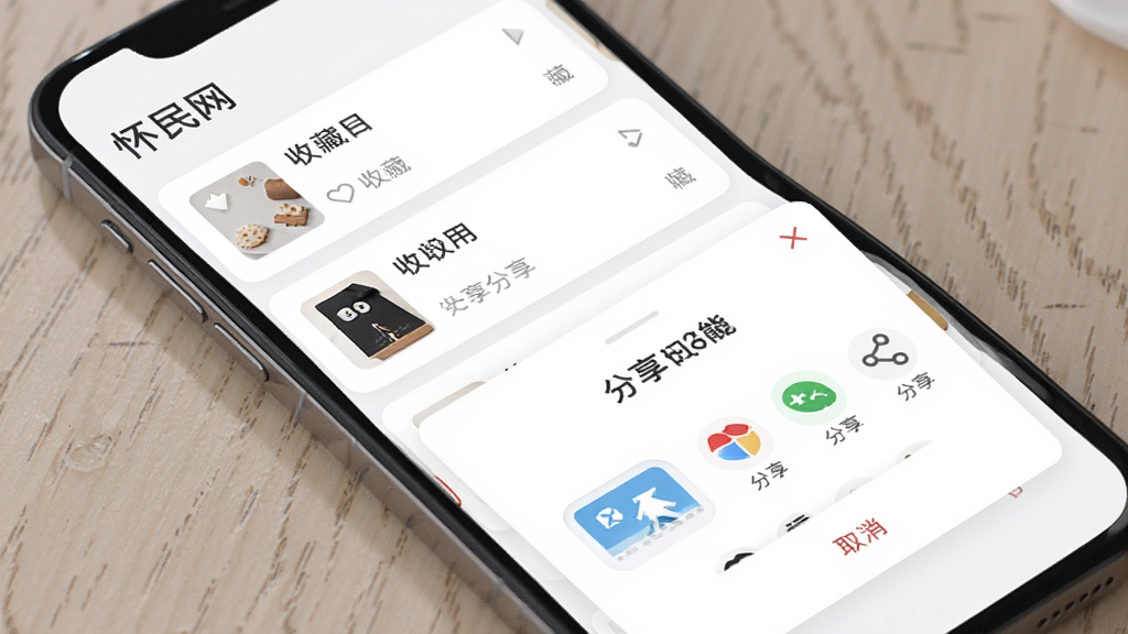 怀民网收藏与分享功能界面图,主体为手机屏幕展示收藏列表和分享弹窗,包含怀民网文字,布局为上方收藏卡片列表下方分享面板,排版层次分明,风格为清爽浅色系UI,细节有收藏图标、分享渠道图标、取消按钮,画质高清,干净,无多余元素