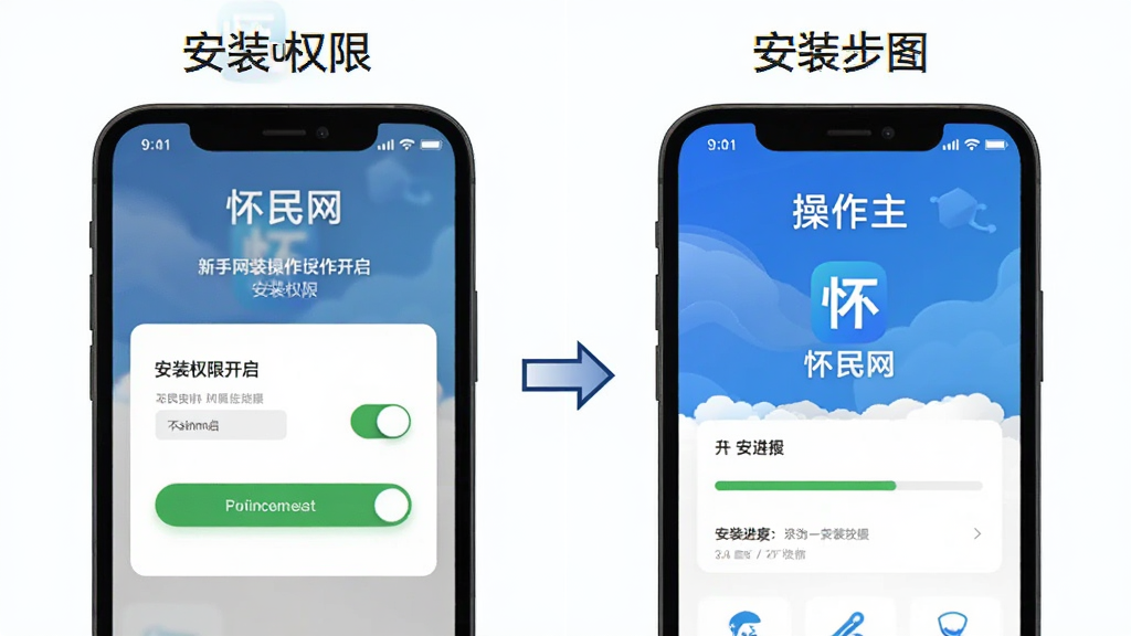 怀民网新手安装操作步骤示意图,主体为手机屏幕展示安装权限开启界面和应用主页面,包含怀民网文字标识,布局为左右分屏对比,排版清晰,风格为教程图解风,细节有权限开关按钮、安装进度条、箭头指引,画质高清,干净,无多余元素