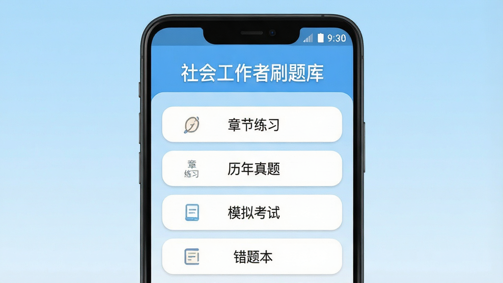 一张展示社会工作者刷题库软件主界面的手机截图风格图片,画面中央是一部安卓手机,屏幕显示题库首页,顶部有“社会工作者刷题库”文字标题,下方排列章节练习、历年真题、模拟考试、错题本等功能按钮,背景为浅蓝色渐变,整体布局清晰简洁,风格为扁平化UI设计,细节包括按钮圆角、图标线条、文字排版,画质高清干净无多余元素
