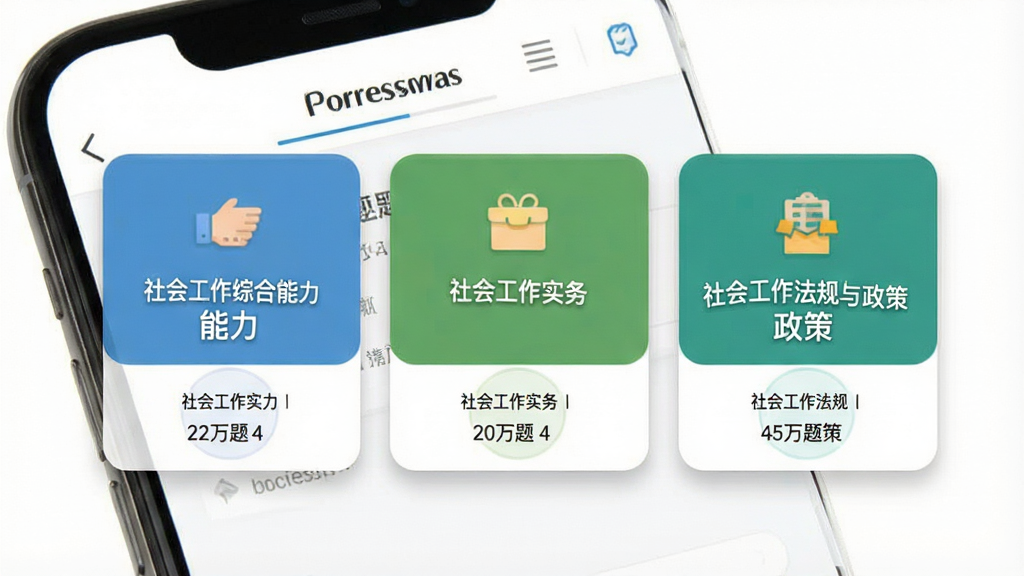 一张展示社会工作者刷题库题库分类页面的手机界面图片,画面中手机屏幕显示“社会工作综合能力”“社会工作实务”“社会工作法规与政策”三个科目卡片,每个卡片下方标注题目数量,背景为白色,卡片有浅灰色阴影,风格为清新简约的移动端UI,细节包括卡片圆角、文字层级、图标配色,画质清晰干净无多余元素