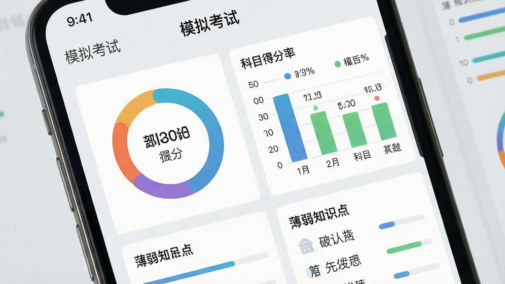 一张展示社会工作者刷题库模拟考试成绩报告页面的手机截图风格图片,画面中手机屏幕显示圆形得分图表、各科目得分率柱状图、薄弱知识点列表,顶部有“模拟考试”文字,背景为浅灰色,风格为数据可视化仪表盘设计,细节包括图表颜色区分、数值标注、进度条,画质高清干净无多余元素