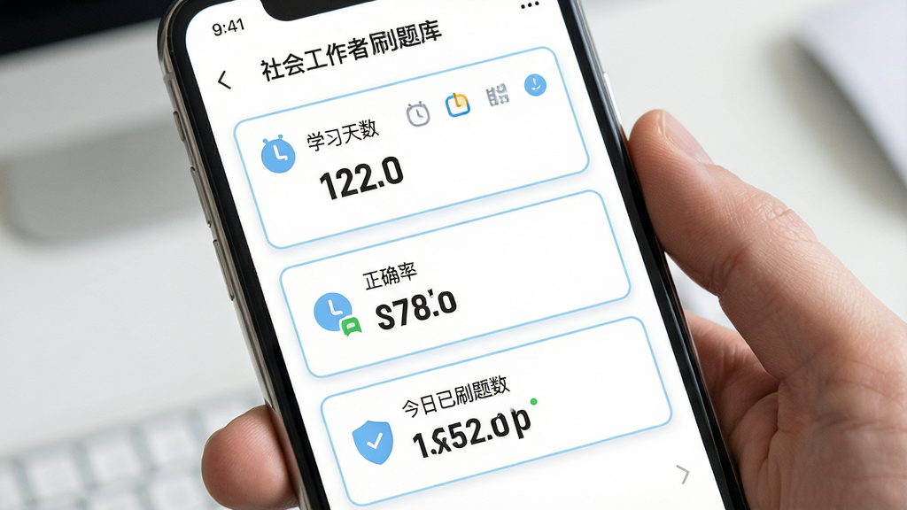 一张展示社会工作者刷题库学习数据统计页面的手机截图风格图片,画面中手机屏幕显示学习天数、累计刷题数、正确率、今日已刷题数等数据卡片,背景为白色,卡片有淡蓝色边框和图标,风格为清新数据面板设计,细节包括数字字体、图标样式、卡片间距,画质高清干净无多余元素