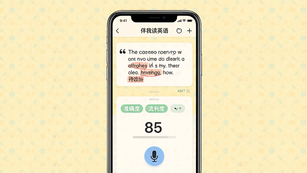 一张展示“伴我读英语”语音评测打分界面的产品图。主体为手机屏幕,显示一段英语对话和评分结果,分数为85分,有“准确度”“流利度”等标签。布局为手机居中,背景为淡黄色柔和色调。风格为清新学习工具风,细节包括红色标记的待改进单词和麦克风图标。画质高清,干净,无多余元素。