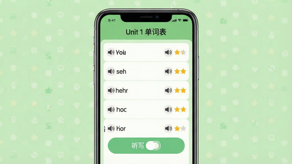 一张展示“伴我读英语”单词跟读与听写功能的界面图。主体为手机屏幕,显示单词列表和听写模式切换按钮,单词旁有发音图标和星级评分。布局为手机竖屏,背景为浅绿色。风格为简洁教育APP,细节包括“Unit 1 单词表”标题和听写按钮。画质清晰,干净,无多余元素。