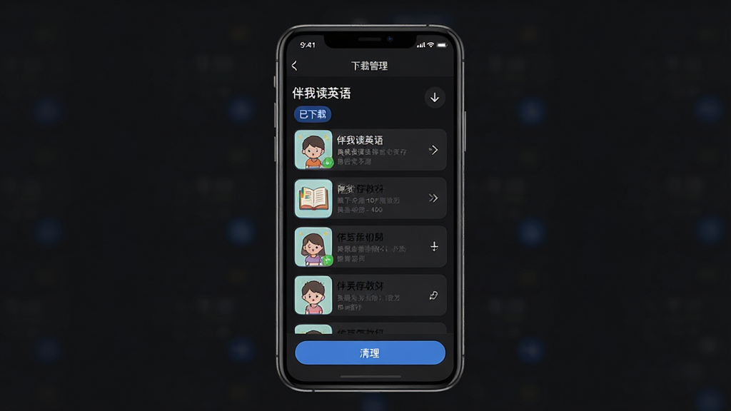 一张展示“伴我读英语”离线缓存与后台播放功能的示意图。主体为手机屏幕显示下载管理界面,有已缓存教材列表和清理按钮。布局为手机居中,背景为深色模式界面。风格为现代工具类APP,细节包括“已下载”标签和存储空间提示。画质高清,干净,无多余元素。